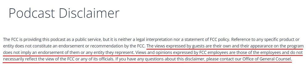 FCC Podcast Disclaimer: Views expressed section highlighted