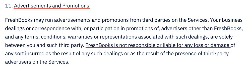 FreshBooks Terms of Service: Advertisements and Promotions clause