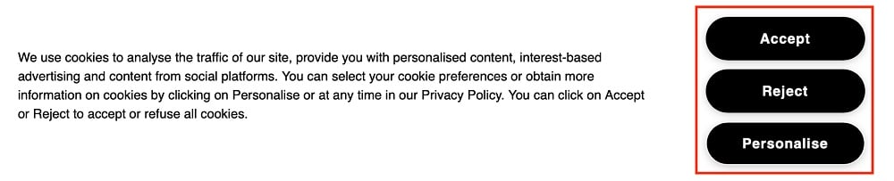 Generic cookie consent banner with Accept Reject and Personalise options