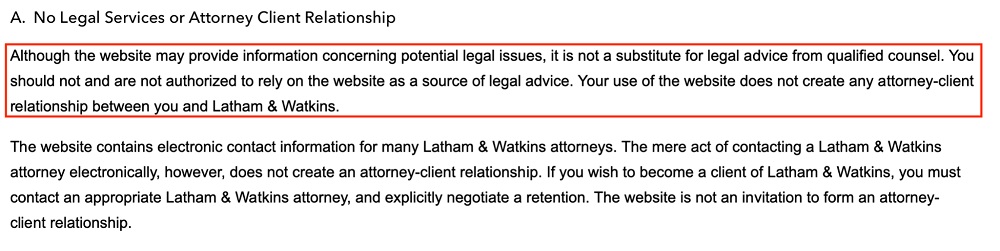 Latham and Watkins LLP Terms of Use: No Legal Services or Attorney Client Relationship disclaimer clause