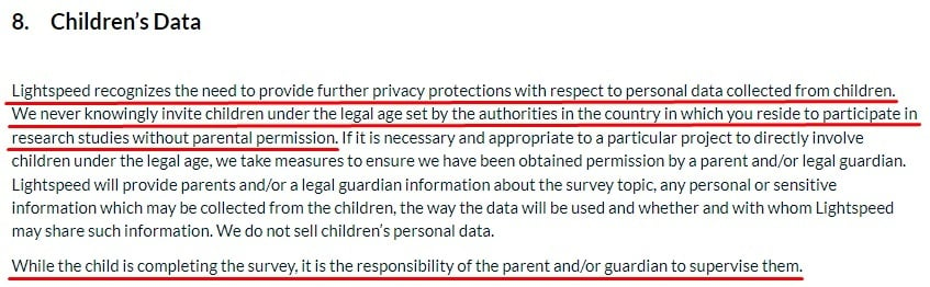 Lightspeed Privacy Policy: Children's Data clause