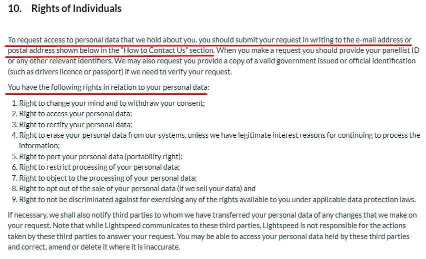 Lightspeed Privacy Policy: Rights of Individuals clause