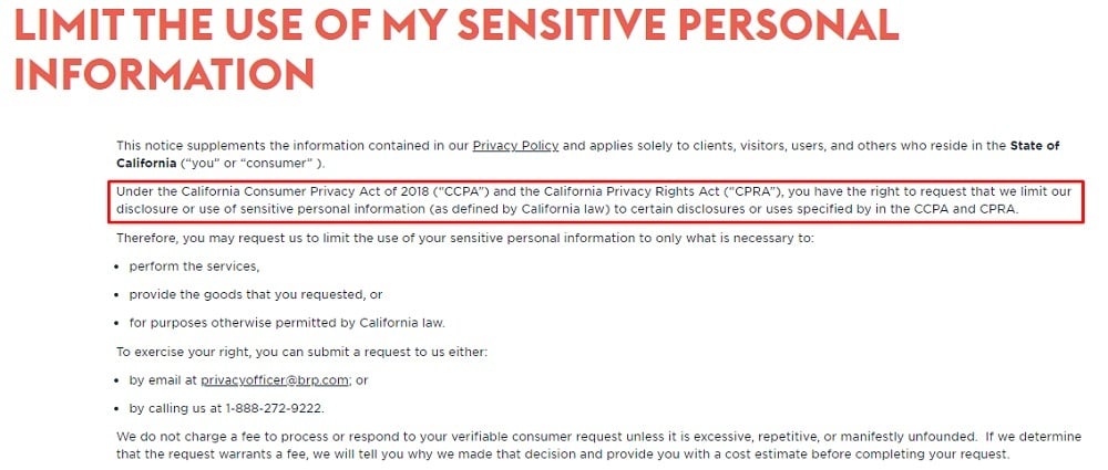 Lynx Limit the Use of My Sensitive Personal Information page excerpt