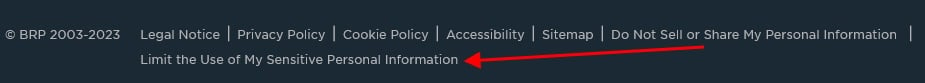 Lynx website footer with Limit the Use of My Sensitive Personal Information link highlighted