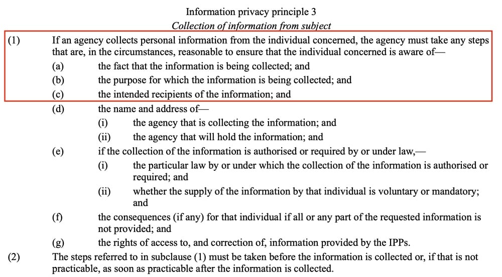 New Zealand Privacy Act 2020: Principle 3 excerpt