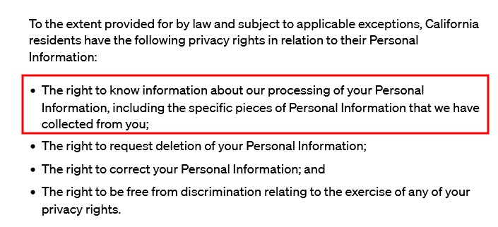 OpenAI Privacy Policy: California Privacy Rights clause excerpt