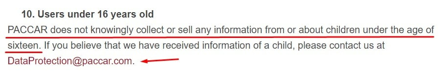 PACCAR Privacy Statement: Users under 16 years old section