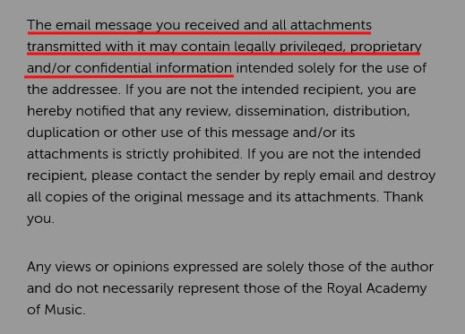 Royal Academy of Music Confidentiality Notice excerpt