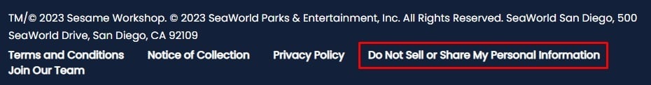 SeaWorld website footer with Do Not Sell or Share My Personal Information link highlighted