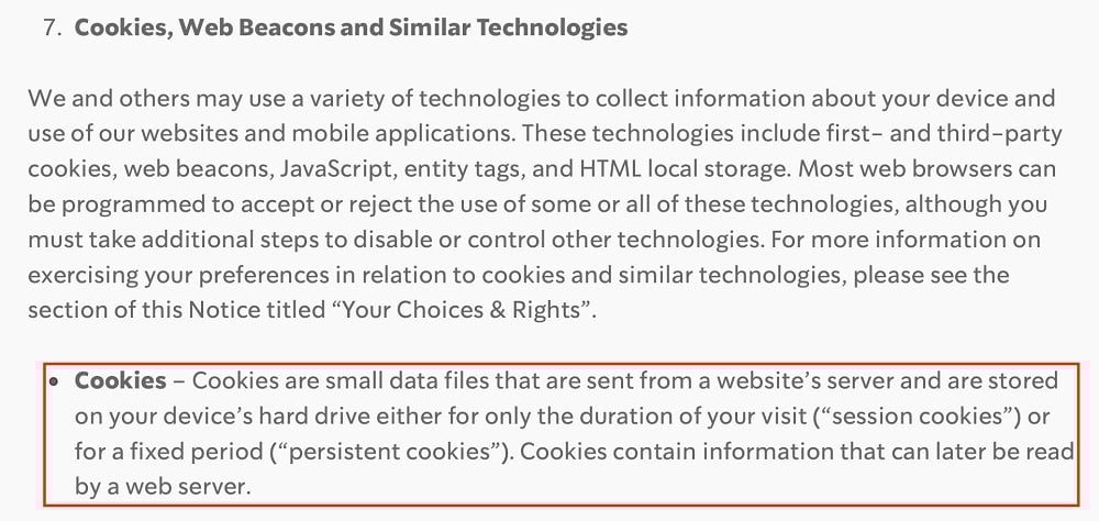 Starbucks Privacy Notice: Cookies web beacons and similar technologies clause excerpt