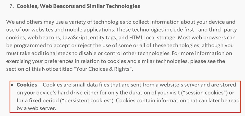 Starbucks Privacy Notice: Cookies web beacons and similar technologies clause excerpt