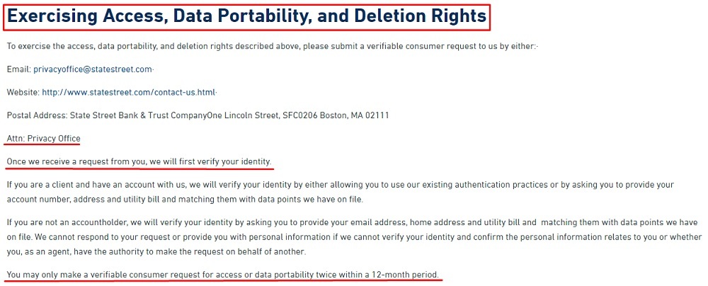 State Street CCPA Rights and Choices: Exercising Access Data Portability and Deletion Rights section