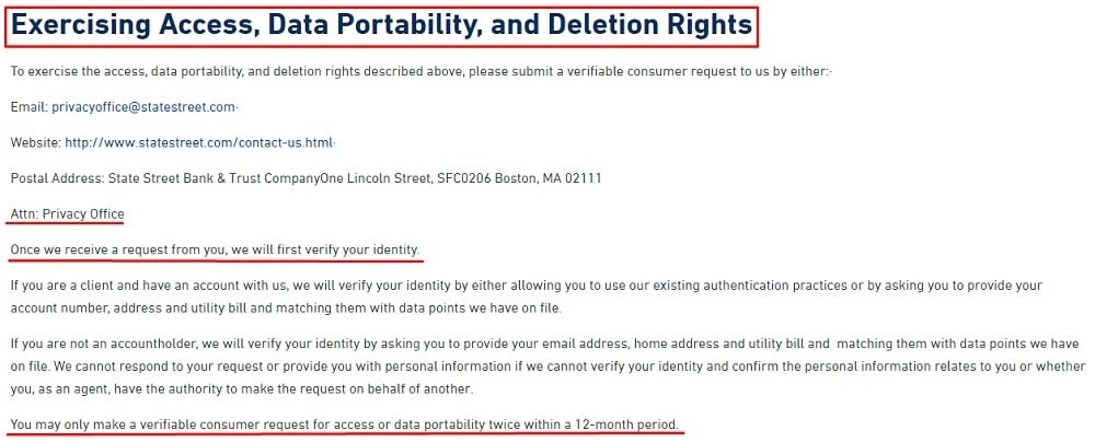 State Street CCPA Rights and Choices: Exercising Access Data Portability and Deletion Rights section