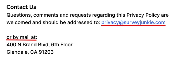 Survey Junkie Privacy and Cookies Policy for the UK and EEA: Contact us clause