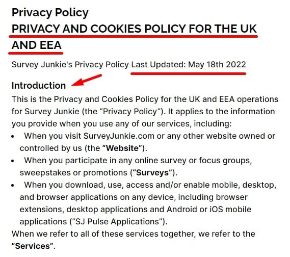 Survey Junkie Privacy and Cookies Policy for the UK and EEA: Introduction excerpt