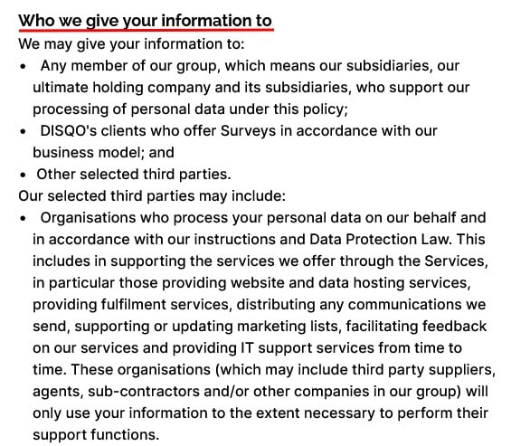 Survey Junkie Privacy and Cookies Policy for the UK and EEA: Who we give your information to clause excerpt
