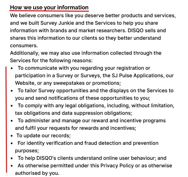 Survey Junkie Privacy and Cookies Policy for the UK and EEA: How we use your information clause