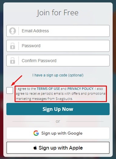 Swagbucks Sign up page with Agree checkbox highlighted
