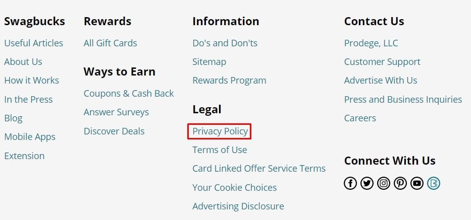 Swagbucks website footer with Privacy Policy link highlighted