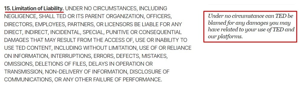 TED Terms of Use: Limitation of Liability clause