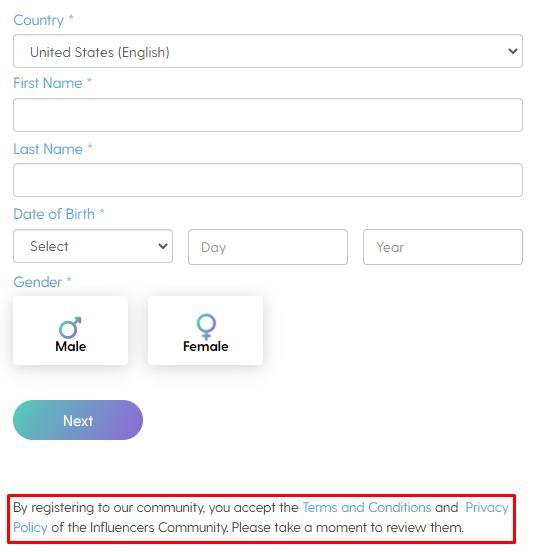 Toluna register form with Agree to Terms and Conditions and Privacy Policy highlighted