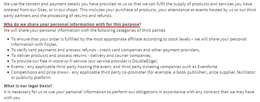 Waterstones Privacy Notice: Third party sharing clause