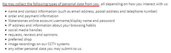 Waterstones Privacy Notice: What personal data is collected clause