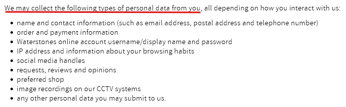 Waterstones Privacy Notice: What personal data is collected clause