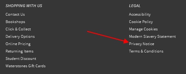 Waterstones website footer with Privacy Notice link highlighted