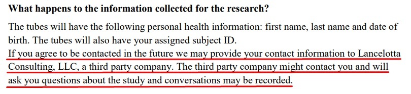 Cleveland Clinic consent form: What happens to personal information collected section