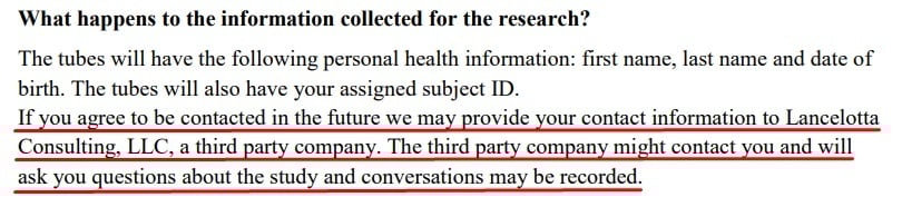 Cleveland Clinic consent form: What happens to personal information collected section