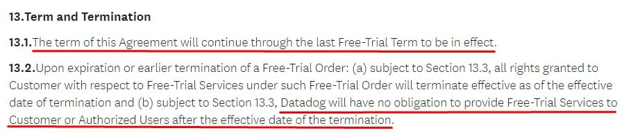 Datadog Free Trial Subscription Agreement: Term and Termination clause excerpt