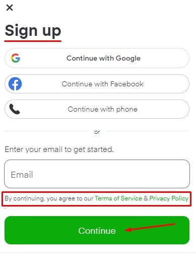 Generic sign-up form with Agree to Terms of Service and Privacy Policy and continue button highlighted