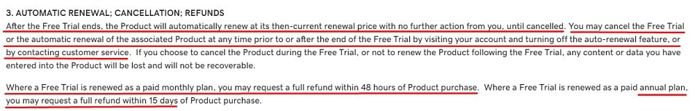 GoDaddy Free Trial Terms of Service: Automatic Renewal Cancellation Refunds clause excerpt
