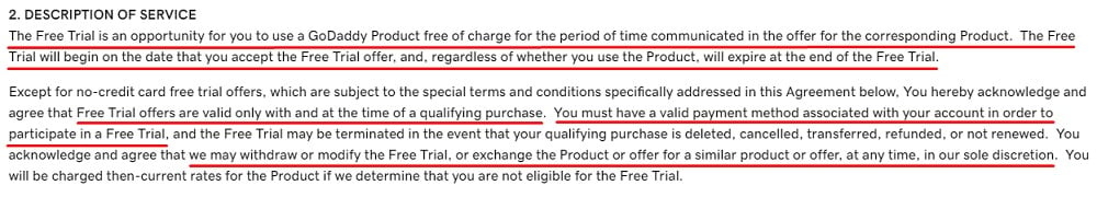 GoDaddy Free Trial Terms of Service: Description of Service clause excerpt