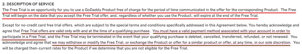 GoDaddy Free Trial Terms of Service: Description of Service clause excerpt