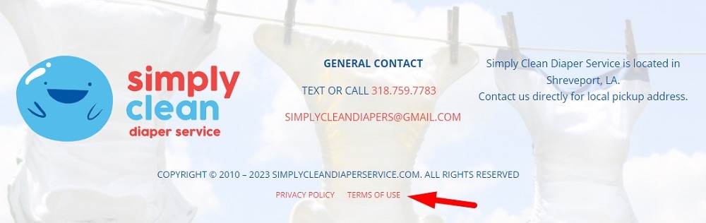 Simply Clean Diaper Service website footer with Terms of Use link highlighted