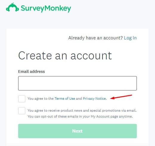 SurveyMonkey Create Account form with Agree checkbox highlighted