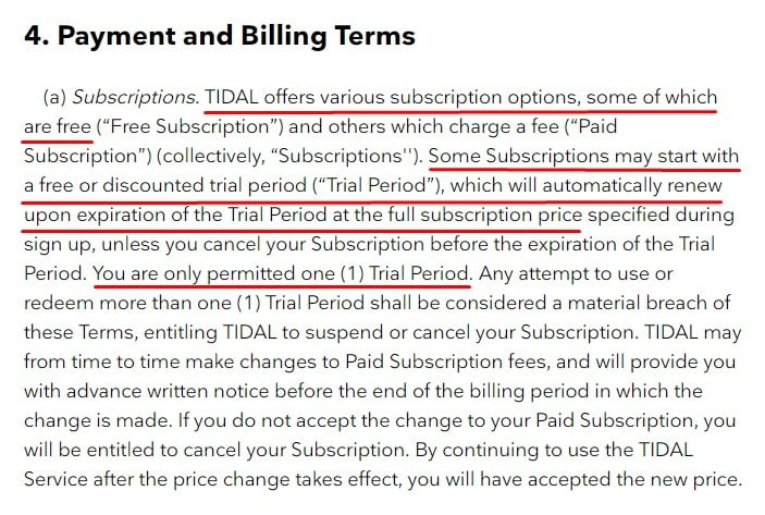 TIDAL Terms and Conditions: Payment and Billing Terms clause