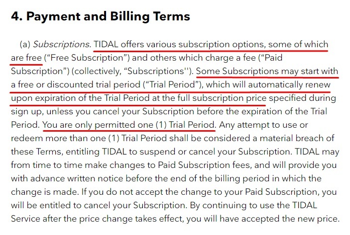 TIDAL Terms and Conditions: Payment and Billing Terms clause