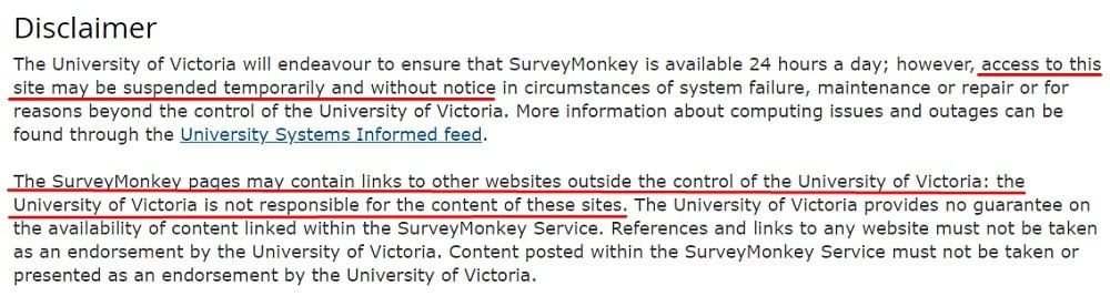 University of Victoria SurveyMonkey Terms of Use: Disclaimer