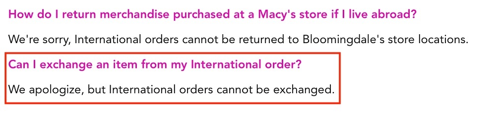 Bloomingdales International Return Policy: Exchange clause