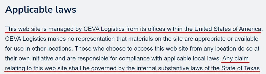 CEVA Logistics Terms and Conditions: Applicable Laws clause