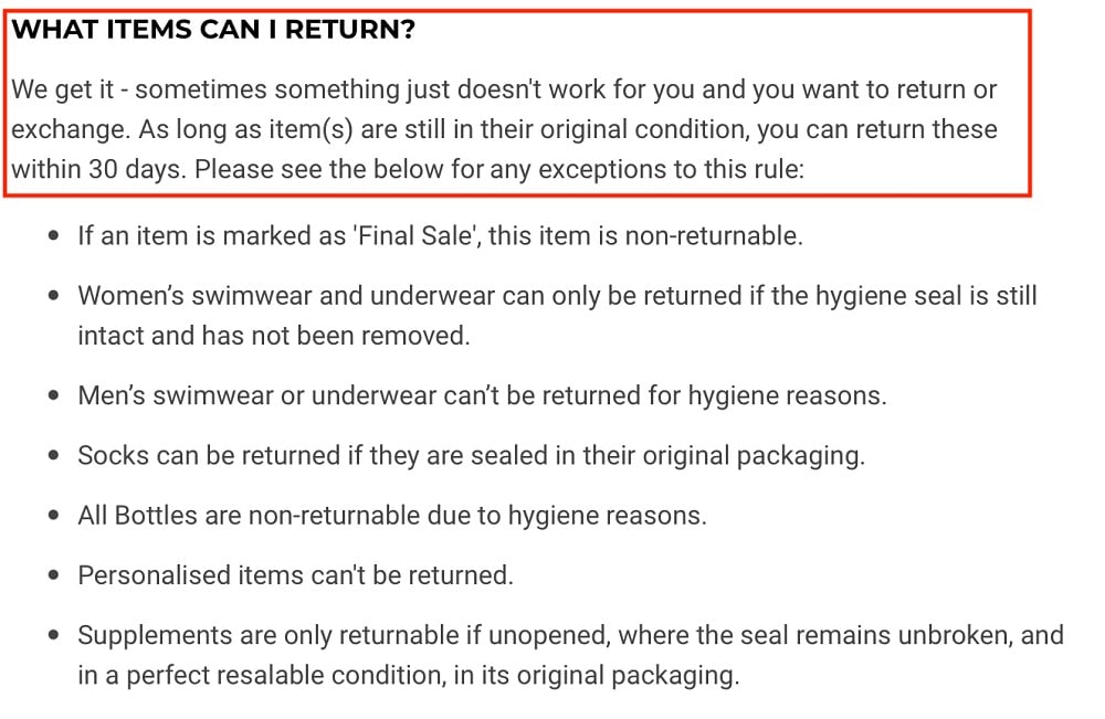 Gymshark Returns Policy: What Items Can I Return clause