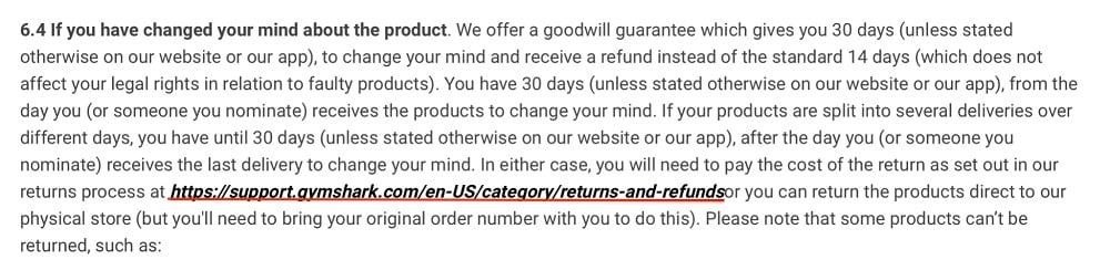 Gymshark Terms and Conditions with Return and Refund link highlighted