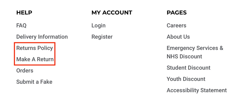 Gymshark website footer with Returns links highlighted