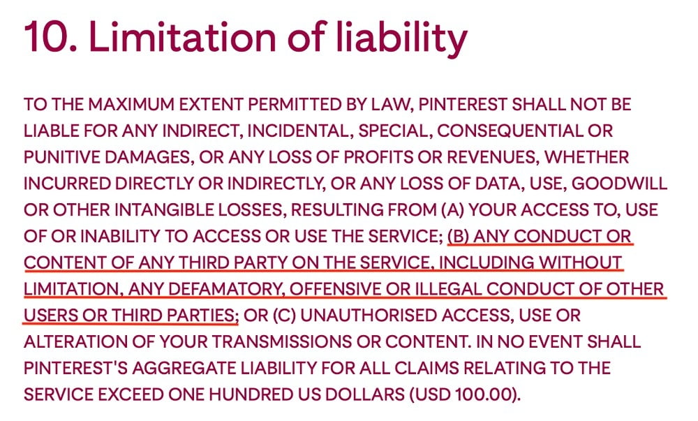 Pinterest Terms of Service: Limitation of Liability clause