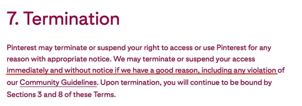 Pinterest Terms of Service: Termination clause