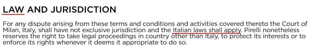 Pirelli Global Terms and Conditions: Law and Jurisdiction clause