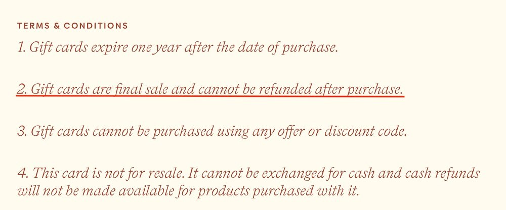 Rixo Terms and Conditions for gift cards - Refunded section